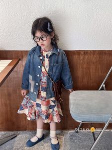 Váy Công Chúa Tay Dài Mùa Xuân Cho Bé Gái Họa Tiết Hoa Denim Cổ Tròn Mềm Mại Thoải Mái Cho Bé Gái Từ 2-10 Tuổi