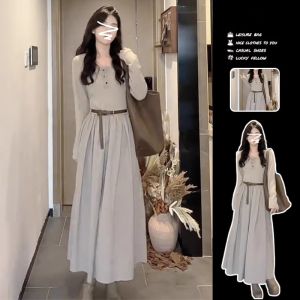 ชุดเดรสยาวแขนยาวสไตล์ฝรั่งเศส ชุดทำงานฤดูใบไม้ร่วง ชุดเดรสยาวหรูหรา ชุดทำงานฤดูหนาว ชุดเดรสยาวเอวสูง ชุดเดรสยาวปานกลาง