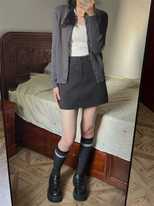 กระโปรงสั้นทรงเอเอวสูงผ้าขนสัตว์สีเทาสำหรับผู้หญิงไซส์ใหญ่ในฤดูใบไม้ผลิและฤดูใบไม้ร่วง กระโปรงทรงเอสั้นสำหรับผู้หญิงไซส์เล็ก กระโปรงทรงเอเอวสูง