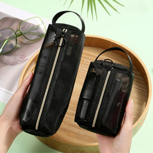 Fashion Black Dot Mesh Cosmetic Bag Women Travel Makeup Pouch Organizer Zipper Pencil Case Stationery Supplies