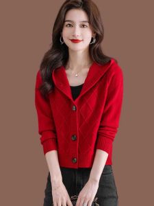 เสื้อสเวตเตอร์ถักคอวีผ้าขนสัตว์สำหรับผู้หญิง ฤดูใบไม้ผลิและฤดูใบไม้ร่วง ทรงหลวม แขนยาว ปกติ ปกติ ปกติ ปกติ