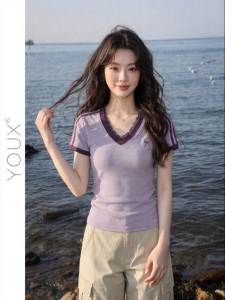 YOUXIANG | Áo Thun Slim V-Neck Tay Ngắn Viền Ren Tím