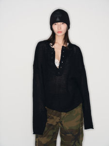 เสื้อสเวตเตอร์ถักคอฮันนาล็อกขนสัตว์แบบหลวมๆ สำหรับผู้หญิง Pimeili ฤดูใบไม้ร่วง/ฤดูหนาว เสื้อคลุมยาวปานกลางแขนยาว