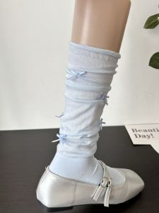 Summer Thin Butterfly Knot Socks Womens Ballet Style Light Blue over Knee High Grey Cuffed Lazy Socks Combed Cotton Stockings