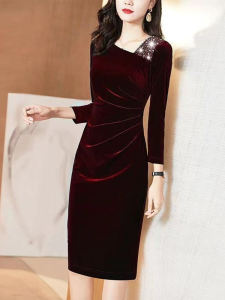 Elegant Velvet Wrap Dress Womens Fashion Slimming Mid-Length Autumn Winter High Waist Diamond Embellished Long Sleeve Dress