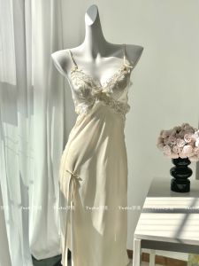 สิบสองหรูหรา ผ้าซาติน ยาว ชุดนอน กับ ลูกไม้ Splicing เซ็กซี่ สายคล้อง แยก ดีไซน์ สําหรับผู้หญิง เรียบหรู Nightgown เสื้อผ้าบ้าน