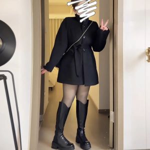 Winter New plus Size Womens Woolen Jacket Waist-Cinched Commute Style Long Sleeve Regular Length Single Button Closure Coat