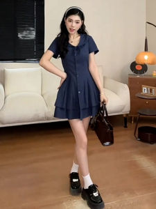 QINWEIYU | Korean College Style Sweet Dress High Waist A-Line Short Skirt Doll Collar Womens Fashion Summer New Arrival Short Dress