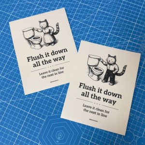 Flush Water After Use. Pam Air Selepas Guna. 请用后冲水. Sticker Sign. Keep Toilet Bowl Clean. Jaga Kebersihan Tandas. 保持厕所清洁