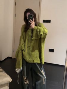 plus Size Womens Knitted Top Loose Green Color Slimming Fashionable Versatile Long Sleeve round Neck Basic Style Commute Style