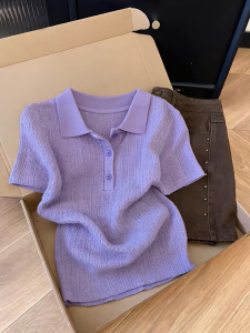 HUOLISI | Korean Style Purple Gentle All-match Polo Collar Short Sleeve Knitted Blouse