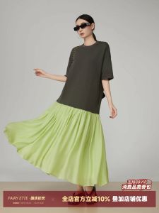 Retro Japanese Green Patchwork T-shirt Dress Summer New Loose Color Block Short Sleeve Midi Skirt Polyester Fiber Casual Style