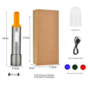 Protective White Laser Flashlight Type C Rechargeable Aluminum Alloy Telescopic Zoom 4 Color Changeable Lampshades