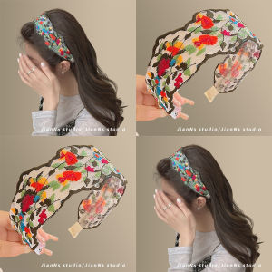 New Chinese Style Embroidered Flower Hollow Hairband Womens High Hairline Vintage Wide Edge Pressed Hair Card Headband Hair Accessories