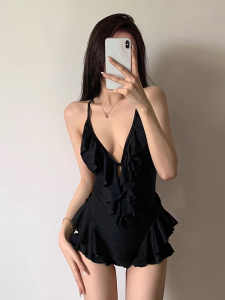 Cổ V Sâu Màu Đen Bikini Đồ Bơi Một Mảnh Có Đệm Ngực Cộc Tay Không Tay Thoải Mái Spa Giữ Nhiệt Đồ Bơi Nylon Spandex Polyester Vải