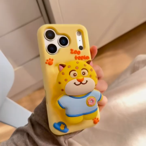 3D Telescopic Stand Cartoon Leopard Silicone Phone Case for iPhone 13 14 15 16 17 Pro Max Casing Soft Silicone Cover for iPhone 16 Pro Max Case