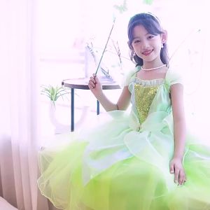 Tiana Role Play Green Princess Costume Girls TinkerBell Fairy Cosplay Dress Children Birthday Halloween Sequin Mesh Vestidos