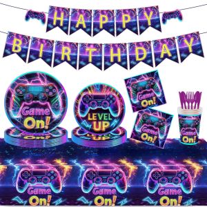 20pcs Neon Game Theme Disposable Dining Plate Tablecloth Birthday Controller Game Party Decoration Set Party Supplies