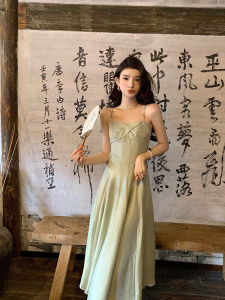 Deng Liujiu French Style Sweet Fairy Skirt Waist Cinching Square Neck Green Satin Strapless Dress Women Summer Retro Commute