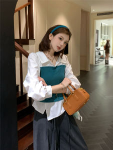 Casual Style Cheesecake Womens Shirt Navy Collar Splice Color Block Versatile Design Autumn Collection Breathable Cotton Blend