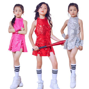 LOlanta 4Pcs Girls Sequins Dance Clothes Dress 4-12 Years Sparkle Hip Hop Jazz Dance Outfit Sleeveless Top and Shorts Set