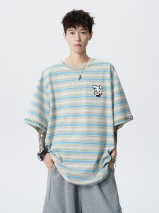 OULUDE | Heavyweight Stripe Puppy Embroidery Short Sleeve T-shirt Casual Loose
