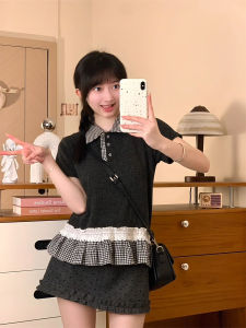 Korean Style Polka Dot Buttoned Polo Neck Short Sleeve Womens Lace Splice Hem Knitted Top Summer Slim Fit Combed Cotton Polyester Fiber