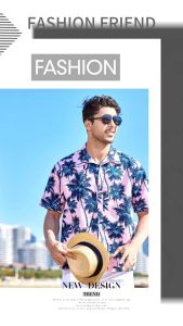 Seven-89 Mens summer floral Hawaiian polo tshirts top for men print polo short sleeves