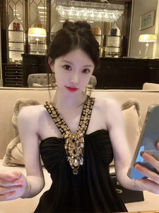 French Style Heavy Embellished Diamond Necklace Strapless Long Dress Womens Elegant Waist-Cinching Holiday Dress