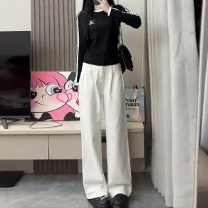 สีขาว สูง เอว พรางหุ่น กางเกงยีนส์ ผู้หญิง ใหม่ 2024 หลวม กางเกงขากว้างขาตรง สไตล์เกาหลี ลำลอง กางเกงขายาว