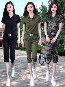 Bộ Đồ Ngắn Tay Ngụy Trang Ngoài Trời Có Áo Ba Lỗ Và Quần Capri Quần Áo Quạt Quân Sự Gốc Cotton Mùa Hè Dành Cho Nữ