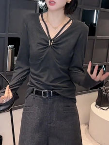 UYFY | Gray Pleated V-Neck Long Sleeve Stylish Blouse