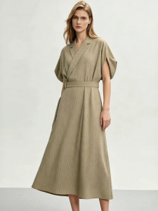 AMII | Commuter Stripe Dress with Notch Collar and Buckle Belt Decoration