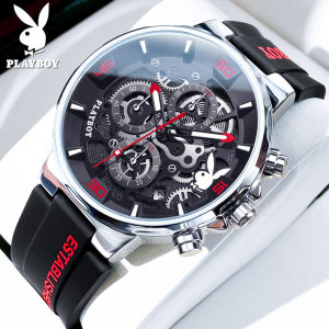 PLAYBOY Mens Waterproof Watch New Style Original Authentic Sports Mechanical Style Cool Quartz Rubber Strap Luminous Calendar Chronograph