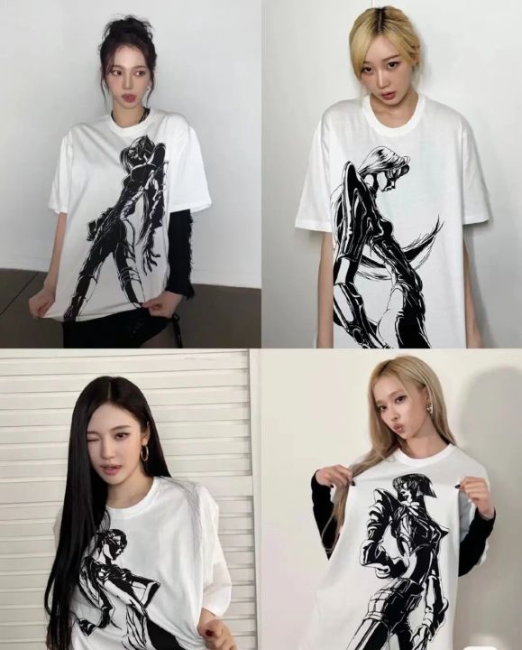 KPOP Aespa Whiplash Limited Editionเสื้อยืดแขนสั้นผ้าฝ้ายKARINA GLSELLEฤดูหนาวNINGNINGเดียวกันพิมพ์หลวมอะนิเมะTechno Top