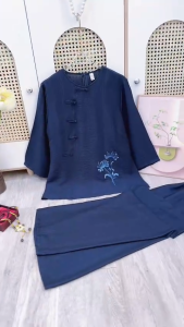 Bộ Pháp Phục Lam Nữ Tơ Hàn Thêu Hoa Áo Cổ Tròn Tay Lỡ Nút Tàu Quần Dài Ống Suông Lưng Thun Có Túi Hai Bên Màu Xanh Xám Hồng Kem Size S M L XL Trang Phục Đi Lễ Chùa Và Khóa Tu