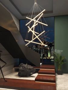 Nordic Villa Home Decor Minimalist Long Hanging Staircase Pendant Lamps Modern Design Luxury Large LED Remote Dimmer Stair Chandelier Black 7/9 Head Deformable Strip Pendant Lamp With 3M Hanging Wire Suitable For Living Room Bedroom Dining Room Bar Cafe