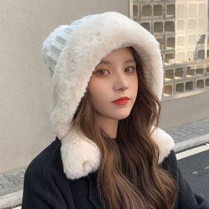 Womens Knitted Fleece Lined Rabbit Fur Hat Warm Winter Cap round Face Fit Korean Style Ins Cotton Ear Protection Hat