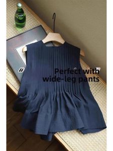 V.C.I | Navy Blue Accordion Pleat Sleeveless Loose Young-Revitalizing Top