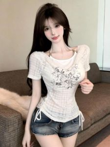 GUZILIAN | Áo Thun Giả Hai Mảnh Dây Đeo Một Vai