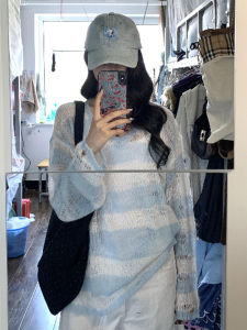 YUEZHONGWEI | French Lace Hollow Distressed Blue Stripe Asymmetrical Off-shoulder Knit Top