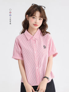XinmonLee Casual Embroidered Design Striped Short Sleeve Shirt Vintage Korean Style Polo Collar Loose Fit Womens Summer Top