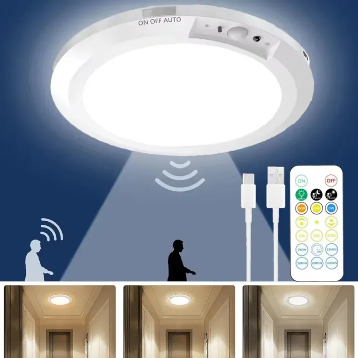 Round Motion Sensor Lights Wireless induction 3 Color Ceiling Light ...