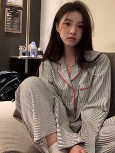 ชุดนอนผู้หญิงลายทางสีดำแขนยาว ชุดอยู่บ้าน ฤดูใบไม้ร่วง ฤดูใบไม้ผลิ 2025 ชุดนอนผู้หญิงสไตล์หวาน ชุดนอนผู้หญิง