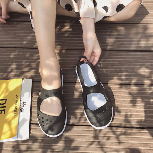 JSWEI Womens Sandals Cover Toe Plastic Flat Bottom Rain Day Black Clog Slippers Comfortable Soft Sole Summer Shoes
