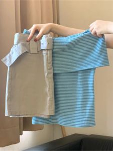 Bộ Đồ Hai Mảnh Thời Trang Mùa Hè Cho Nữ Váy Ngắn Áo Chui Đầu Cổ Bẻ Eo Thắt Lưng Vai Một Chữ Chất Liệu Cotton Pha Trộn