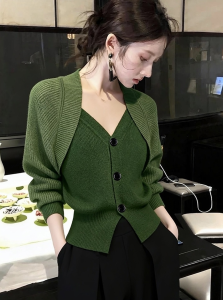 DANTING | Elegant Unique Two-Piece Style Waist-Defined Green Sweater