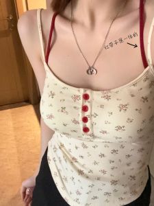 Summer Pure Desire Floral Print Halter Top Slim Fit Waist Cinching Vest Fake Two-Piece Short Length Fashion Ladies Vest