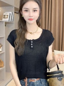 Summer Thin Ice Silk Knitted Top Women Loose Slimming Short Sleeveless Hollow out Low round Neck Single Piece Fashionable Youthful