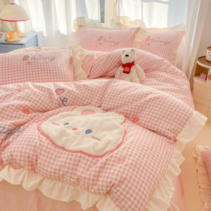 Cotton Cartoon Four-Piece Set Lace Bedding  Plaid Princess Style Cute Pure Cotton Naked Sleep All Seasons Bedding